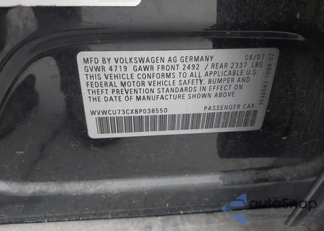 2008 Volkswagen Passat Vr6 from USA, damaged, VIN WVWCU73CX8P038550